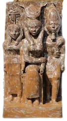 Pharao Mykerinus mit Göttin Hathor und der Gaugöttin Wenut 
 (Nachbildung einer Figurengruppe im Boston Museum), 1990, 
 Keramik glasiert